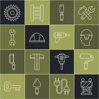 Hat bariyeri, boya fırçası, işçi kaskı, Rasp metal dosyası, İngiliz anahtarı, testere bıçağı ve elektrikli matkap ikonu. Vektör