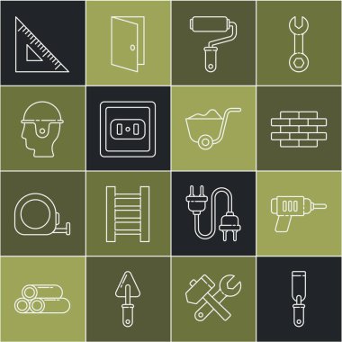 Hattı ayarla Rasp metal dosya, elektrikli matkap, tuğla, boya fırçası, elektrik prizi, işçi kaskı, üçgen cetvel ve kürek simgesi. Vektör
