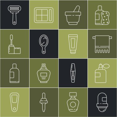 Terleme önleyici deodorant rulo, parfüm, havluyla askı, havuç ve tokmak, el aynası, Mascara fırçası tıraş bıçağı ve krem kozmetik tüp ikonu. Vektör