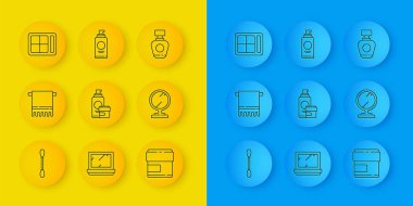 Kulaklar için pamuk çubuğu, havlu askısı, krem losyon kozmetik tüp, yuvarlak makyaj aynası, göz farı paleti, parfüm ve sprey saç spreyi ikonu. Vektör