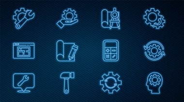 Hat insan kafasını dişli, dişli ve okları iş akışı olarak ayarla, pusula, kalem, ev planı, anahtarlık, hesap makinesi ve el simgesini ayarla. Vektör