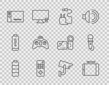 Batarya şarj seviyesi göstergesi, grafiksel tablet, uzaktan kumanda, kablosuz oyun alanı, güvenlik kamerası ve mikrofon simgesi ayarla. Vektör