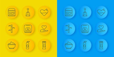 Kavanozda deniz tuzu, yapraklı bambu sapı, Aroma lambası, şampuan şişesi, elde kalp, krem veya losyon kozmetik tüp, iyileştirme ve çay poşeti ikonu. Vektör