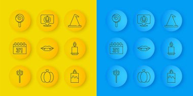 Set hattı Neptune Trident, Cadılar Bayramı takvimi vampir dişleri, yanan mum, lolipop, cadı şapkası ve balkabağı ikonu. Vektör