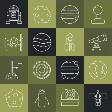 Uydu hattı, Dünya küresi, Teleskop, Gezegen, Kozmik Gemi, Robot ve Roket ikonu. Vektör