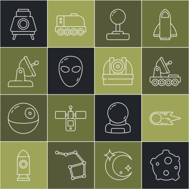 Asteroid hattı, kuyruklu yıldız hızla düşüyor, Mars gezgini, Joystick, Alien, uydu çanağı ve astronomik gözlem ikonu. Vektör