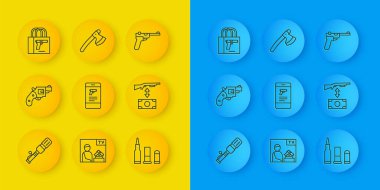 Hattı kurun. Tanksavar el bombası, küçük silah tabancası, mobil uygulama, Bullet, saldırı tüfeği, tabanca, Mauser ve tahta balta ikonu. Vektör