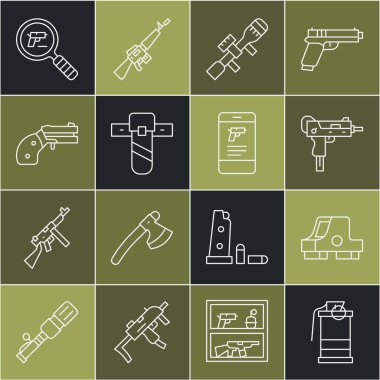 El bombası, Collimator görüşü, UZI hafif makineli tüfek, keskin nişancı optiği, bıçak kılıfı, küçük tabanca, tabanca araması ve mobil uygulama simgesi. Vektör