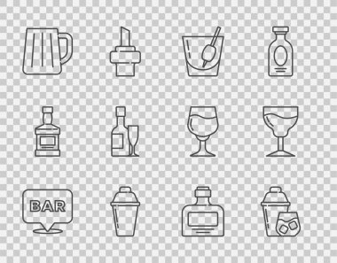 Alkol barı konumu, kokteyl karıştırıcı, Bloody Mary, tahta bira bardağı, şampanya şişesi ve bardak, viski ve şarap ikonu. Vektör