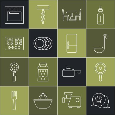 Şef şapkasını konuşma baloncuğuna, kızartma tavasına, mutfak kepçesine, sandalyeli ahşap masaya, tabağa, ocağa, fırına ve buzdolabına yerleştir. Vektör