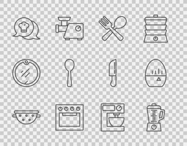 Hattı ayarla mutfak süzgeci, blender, çapraz çatal kaşığı, fırın, konuşma balonunda şef şapkası, kaşık, elektrik karıştırıcı ve zamanlayıcı ikonu. Vektör