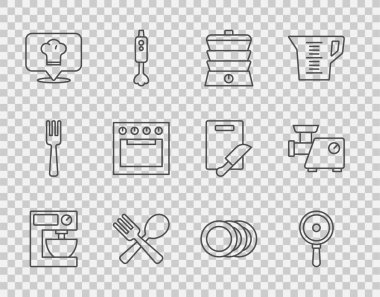 Elektrik karıştırıcı, kızartma tavası, ağır ateşte pişirme, çapraz çatal ve kaşık, konumu, fırın, tabak ve mutfak et öğütücü ikonu olan şef şapkası. Vektör