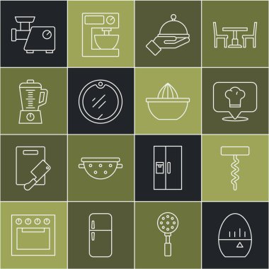 Hattı ayarla, mutfak zamanlayıcısı, şarap tirbuşonu, konumu olan aşçı şapkası, kapaklı tepsi, kesme tahtası, blender, kıyma makinesi ve meyve sıkacağı ikonu. Vektör