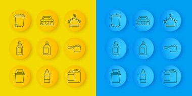 Çöp tenekesi, temizlik malzemesi şişesi, çamaşır deterjanı, askıda havlu ve fırça ikonu. Vektör