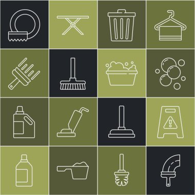 Pencereler için kauçuk temizleyici, ıslak zemin, sabun köpükleri, çöp tenekesi, süpürge, bulaşık yıkama ve sabun köpüğü ikonu. Vektör