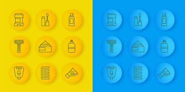 Epilatör, tıraş bıçağı, krem losyonu kozmetik tüp, parfüm, terleme önleyici deodorant rulo, saç spreyi ve Mascara fırçası ikonu. Vektör