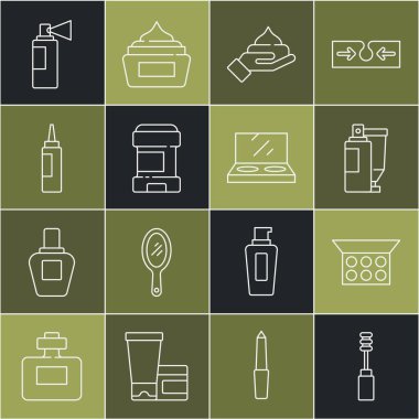 Mascara fırçası, aynalı makyaj tozu, krem losyon kozmetik tüp, terleme önleyici deodorant rulo, parfüm ve ikon. Vektör
