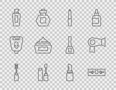 Mascara fırçası, Sivilce, Tırnak törpüsü, Şampuan, Krem veya Losyon Kozmetik Tüpü, Ruj ve Saç kurutma ikonu. Vektör
