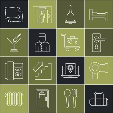 Bavul, saç kurutma makinesi, kapı kolu, otel servis zili, kapıcı, martini bardağı, yastık ve ikon. Vektör
