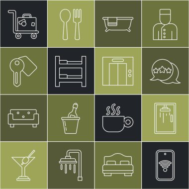 Mobil hattı kablosuz olarak ayarla, duş kabini, beş yıldızlı değerlendirme, küvet, otel odası yatağı, kapı kilidi anahtarı, valiz ve kaldırma simgesi. Vektör