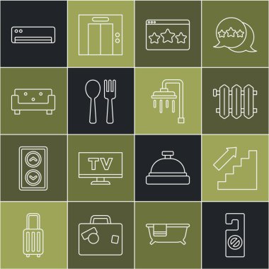 Hattı ayarlayın. Lütfen rahatsız etmeyin, merdivenler yukarı, ısıtma radyatörü, beş yıldızlı değerlendirme, çatal ve kaşık, kanepe, klima ve duş ikonu. Vektör