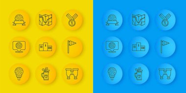 Golf topunu golf sahasına, etikete, spor şampiyonları podyumuna, dürbüne, bayrağa, madalya golfüne ve saha ikonuna göre ayarla. Vektör