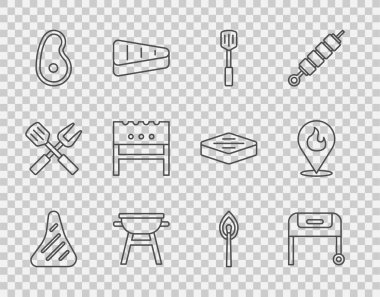 Biftek, ızgara ızgara, spatula, barbekü brazier, ateş ve alev ikonu ile yanan kibrit. Vektör