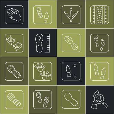 Çizgili büyüteç, ayak izleri, insan ayak izleri, tavuk pençesi, kare ölçü, martı, timsah timsah ve ikon. Vektör