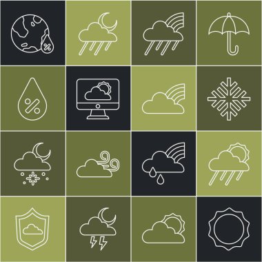 Sun, Cloud with rain and sun, Snowflake, Rainbow Bulutları, Weather tahminleri, Su damlası yüzdesi ve bulut simgesi. Vektör