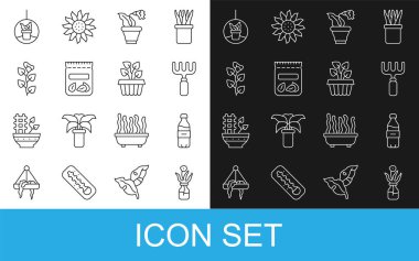 Cam şişede çiçek, bir şişe su, bahçe tırmığı, ot, tohum tohumu, sarmaşık dalı, bitki asma ve kapalı sarmaşık ikonu. Vektör