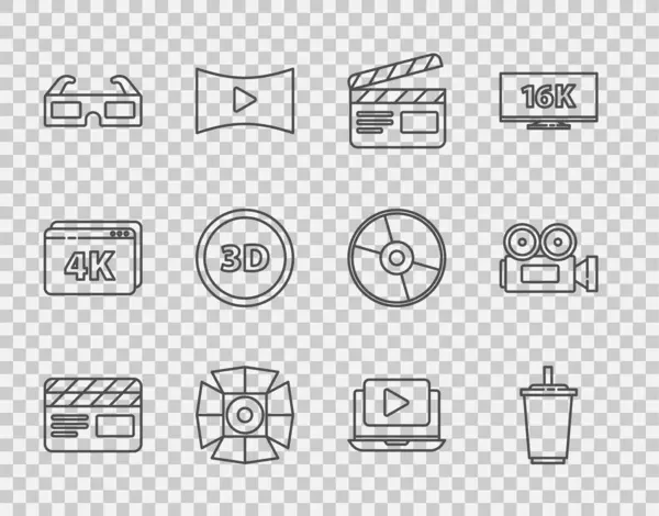 Çizgi film alkışı, su, spot ışığı, 3D sinema gözlüğü, kelime, Online oyun videosu ve sinema kamera ikonu. Vektör