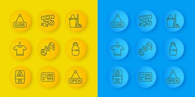 Balık plastik tepsisi kabı, tişört, kredi kartlı POS terminali, asma tabelası, Baharat kutusu, Kapalı, Paspas ve kova ve Şeker ikonu. Vektör