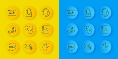 Metin Yardım, Bilgi, Telefon, 24 saat destek, adres defteri, Soru ve Yanıt, Kulaklık ve Erkek kulaklık simgesi ile konuşma baloncuğu ayarlayın. Vektör