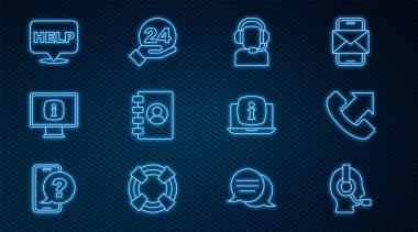 Hattı kulaklıklı bir adam, 24 saat telefon desteği, adres defteri, monitör bilgisi, konuşma balonu mesajı yardımı, dizüstü bilgisayar ve simge. Vektör