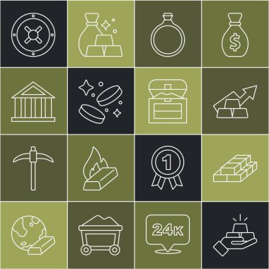 Altın külçeleri, deste kağıt para, altın, yüzük, sikke, banka binası, kasa ve antika hazine sandığı ikonu içeren büyüme oku. Vektör