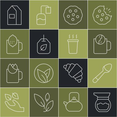 Çaydanlık, çay kaşığı, zaman, kurabiye ya da bisküvi, yapraklı çanta, limon çayı, süt ve ikon için kağıt paket. Vektör