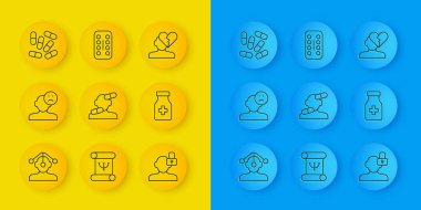 Hipnoz, üzgün ve bunalımlı adam, kötü ruh hali, sakinleştirici haplar, kapalı kişilik, ilaç veya tablet, kırık kalp boşanması ve ikon. Vektör