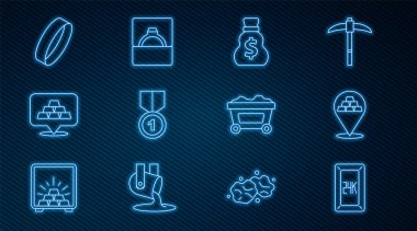 Altın külçeleri, eski para çantası, madalya, yüzük altın ve elmas nişan kutusu ikonlu maden arabası. Vektör