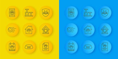 Takvim hazırlama, evcil hayvan oyuncakları balosu, ev, tıbbi kayıt evcil hayvanı, köpek, yiyecek çantası, hayvan sağlığı sigortası ve ikonlu kedi tırmalama postası. Vektör