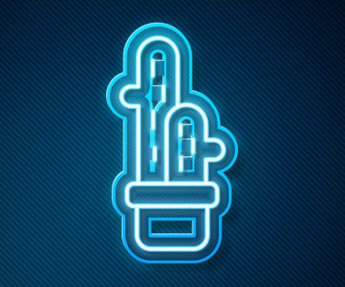 Mavi arka planda izole edilmiş tencere ikonunda parlayan neon çizgisi Kaktüs peyote. Tencerede yetişen bir bitki. Saksı bitkisi işareti. Vektör.