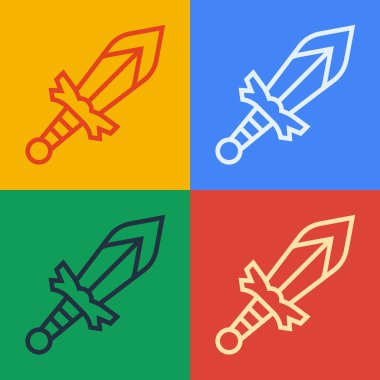 Popüler sanat çizgisi Ortaçağ kılıç ikonu renk arkaplanında izole edilmiş. Ortaçağ silahı. Vektör.