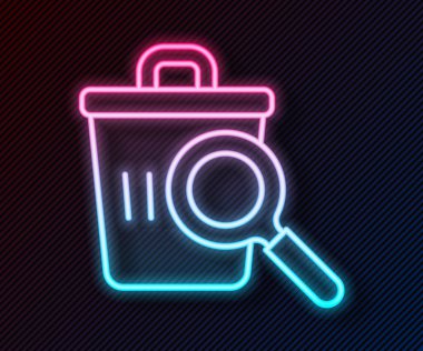 Parlak neon hattı, siyah arka planda izole edilmiş açık hava ikonunda çöp tenekesinde yiyecek arıyor. Evsizlik ve yoksulluk kavramı. Vektör