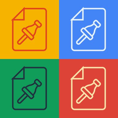 Renk arkaplanında iğnelenmiş düğme simgesi olan pop sanat eseri not kağıdı. Not kağıdı tabelası. Vektör