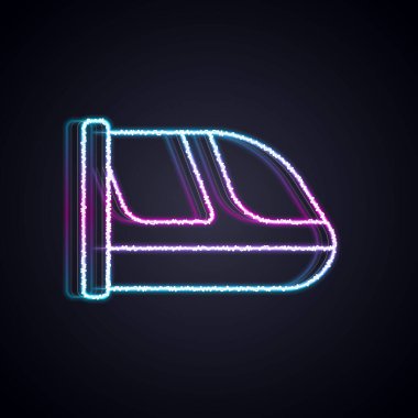 Parlayan neon hattı tren ve demiryolu ikonu siyah arka planda izole edildi. Toplu taşıma sembolü. Metro treni nakliyesi. Metro yeraltı. Vektör