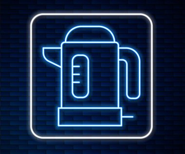 Parlayan neon hattı elektrik ısıtıcısı ikonu tuğla duvar arka planında izole edildi. Çaydanlık ikonu. Vektör