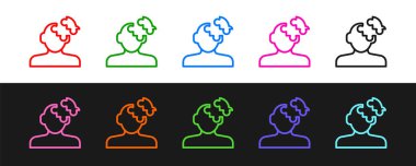 Siyah ve beyaz arkaplanda izole edilmiş psikoloji ikonundaki soruna çizgi çözümü ayarla. Bulmaca. Akıl sağlığı terapisi. Vektör