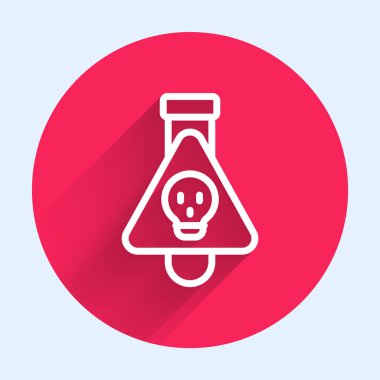 İksir ikonu içeren beyaz çizgi şişesi uzun gölge arkaplanlı. Sihirli iksirli matara. Mutlu Cadılar Bayramı Partisi. Kırmızı daire düğmesi. Vektör