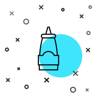 Siyah çizgili sos şişesi ikonu beyaz arka planda izole edilmiş. Ketçap, hardal ve fast food için soslu mayonez şişeleri. Rastgele dinamik şekiller. Vektör