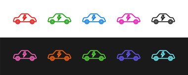 Elektrik hattı arabası ve elektrik kablosu şarj ikonu siyah beyaz arka planda izole edildi. Yenilenebilir ekolojik teknolojiler. Vektör