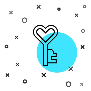 Siyah çizgi anahtarı beyaz arkaplanda izole edilmiş kalp şekli simgesi. Sevgililer günün kutlu olsun. Rastgele dinamik şekiller. Vektör